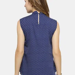 Enchanted Drapes Blue & White Polka Dot Print Choker Neck Crepe Top image 5