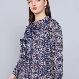 Baawri Abstract Print Mandarin Collar Long Puff Sleeve Ruffles Top image 5