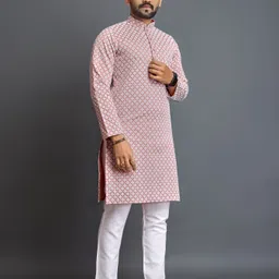 krishiv Men Chikan Embroidery Cotton Silk Straight Kurta image 2
