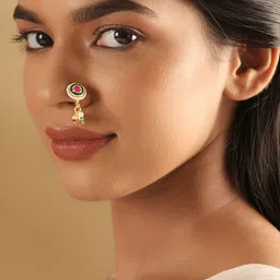 Rubans Gold-Plated CZ Studded & Pearls Beaded Nosepin image 1