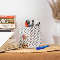 loomsarte Black & White Cotton Fabric Coated Mdf Pen Stand With Agate image 5