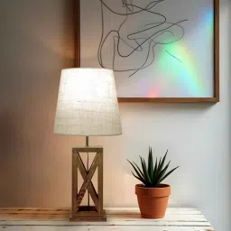 Symmetric Wooden Table Lamp with Jute Shade & Brown Base by Symplify image 1