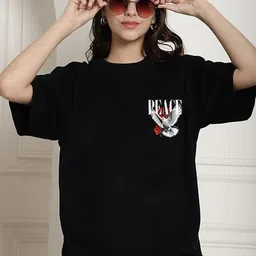 sr fashion Women Graphic Print Round Neck Cotton Blend Black T-Shirt-picture-20