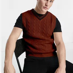 eddicted Men Self Design V Neck Brown Sweater image 1