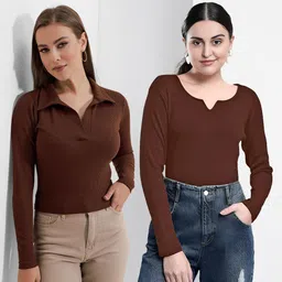 Pack of 2 Casual Regular Sleeves Solid Women Brown Top-image-97