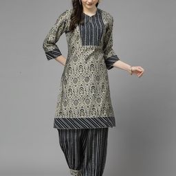 Nayam By Lakshita Women Navy Blue Floral Printed Regular Sequinned Chanderi Cotton Kurta with Salwar-picture-14