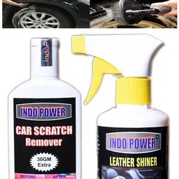 indopower LEATHER SHINER GUN 250ml.+SCRATCH REMOVER 100gm.+All Tyre Cleaning Brush Combo image 1