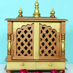 Brown & Gold Mango Wood Pooja Mandir With Door-image-14