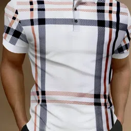ausk Men Checkered Polo Neck Cotton Blend White T-Shirt-picture-20