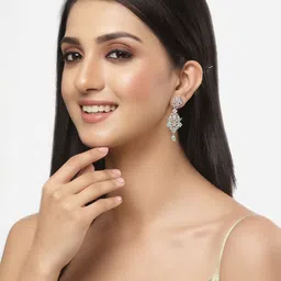 zeneme Green & White American Diamond studded Spiked Shaped Drop Earrings Cubic Zirconia Brass Drops & Danglers image 3