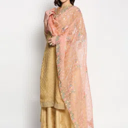 Dupatta Bazaar Pink & Yellow Floral Embroidered Organza Dupatta image 3
