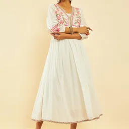 Soch Floral Embroidered V-Neck Cotton Fit and Flare Midi Ethnic Dress-picture-41