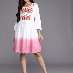 Varanga Off White & Pink Pure Cotton Dyed Floral Embroidered Dress-picture-39