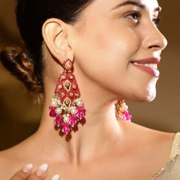 Rubans 22K Gold Plated Pink Stone & Kundan Studded Chandelier with Pearl & Bead Accents-picture-9