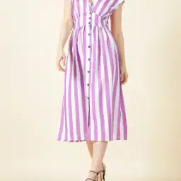Shein Elegant Deep V Neck Cap Sleeve Striped Midi Shirt Dress-picture-27