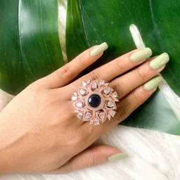 I Jewels Rose Gold Plated CZ & AD Studded Adjustable Finger Ring image 1