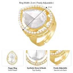 Peora Gold Plated Stone Studded & Beaded Adjustable Finger Ring image 4