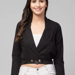 Orchid Blues Women Black Solid Comfort-Fit Double Breasted Pure Cotton Crop Blazer-image-92