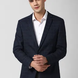 Peter England Elite Men Navy Blue & Grey Checked Slim-Fit Single-Breasted Formal Blazer-picture-43