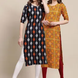 7threads KALINI Women Pack Of 2 Black & Mustard Yellow Ethnic Motifs Printed Crepe Kurta image 1
