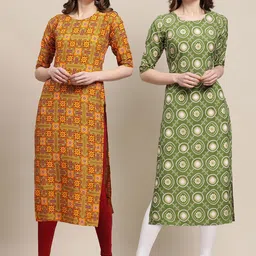7threads KALINI Women Green & Mustard Yellow Pack Of 2 Ethnic Motifs Printed Crepe Kurta image 1