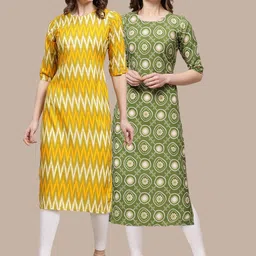 7threads KALINI Women Yellow & Green Set Of 2 Ethnic Motifs Printed Crepe Kurta image 1