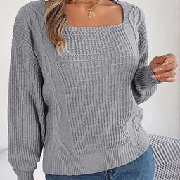 StyleCast Grey Cable Knit Square Neck Acrylic Pullover-picture-14