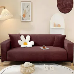 Cortina Brown Checked Jacquard Stretchable 3 Seater Sofa Cover With Arms-picture-30