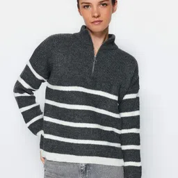 Trendyol Striped Mock Collar Acrylic Pullover-picture-10