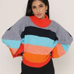 KASMA Women Blue & Black Colourblocked Wool Pullover-picture-35