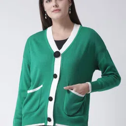 Club York Women Green & White Solid V-neck Acrylic Cardigan-picture-41