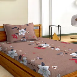 Aura Brown & White Floral 180 TC Microfiber Single Bedsheet with 1 Pillow Covers-image-30