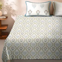 Rajasthan Decor White & Grey Ethnic Motifs 220 TC King Bedsheet with 2 Pillow Covers-image-14