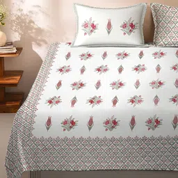 Rajasthan Decor White & Pink Floral 220 TC King Bedsheet with 2 Pillow Covers-picture-41
