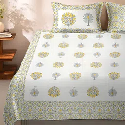 Rajasthan Decor White & Yellow Floral 220 TC Cotton King Bedsheet with 2 Pillow Covers-image-62