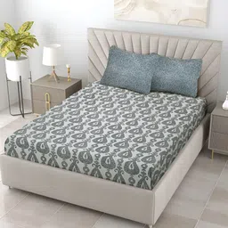 Aura Grey & White Ethnic Motifs 120 TC Cotton Queen Bedsheet With 2 Pillow Covers-image-41