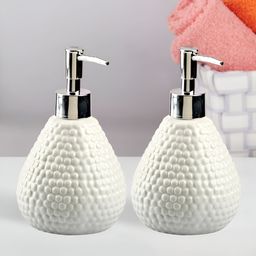 Kookee White & Silver Toned 2 Pieces Textured Ceramic Soap Dispensers 400 ml Each-picture-8