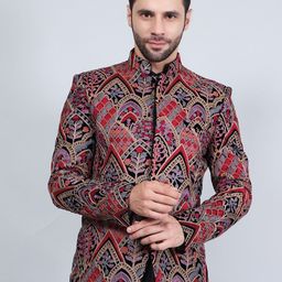 Wintage Ethnic Motifs Embroidered Mandarin Collar Velvet Single Breasted Blazer-picture-48