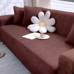 Cortina Brown Checked Jacquard Stretchable 3 Seater Sofa Cover With Arms image 5