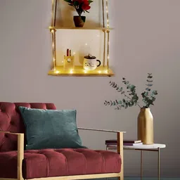 vah kya bat hai !! VAH Kya Bat Hai Brown Wood Pine 2 Layer LED Light Wall Hanging Shelf image 2