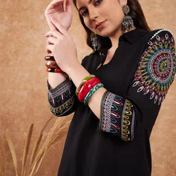 Sangria Black Ethnic Motifs Embroidered Pathani Kurta With Salwar image 2