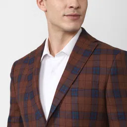 Peter England Elite Men Brown Checked Slim-Fit Single-Breasted Formal Blazer image 3