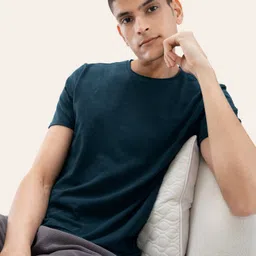 damensch Raw Edge Men Solid Round Neck Cotton Blend Navy Blue T-Shirt image 4