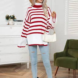StyleCast Red & White Striped Turtle Neck Pullover image 2