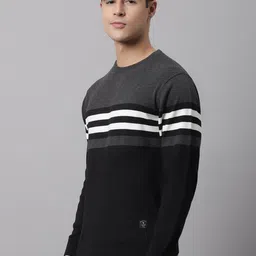 Cantabil Men Black & Grey Striped Round Neck Pullover image 4