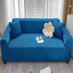 cortina Blue Solid Jacquard 3 Seater Stretchable Sofa Cover image 4