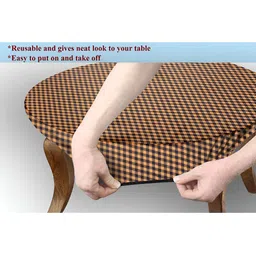 Stylista Beige & Brown Checked Waterproof Elastic Round 2 Seater Table Cover image 5