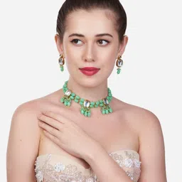 Zaveri Pearls Gold-Plated White Kundan Studded & Green Beaded  Jewellery Set image 5