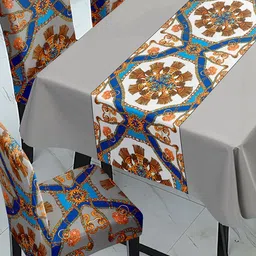 HOKIPO 6-Pcs Grey & Brown Printed Suitable Chair Covers With Table Cloth image 5