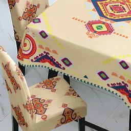 HOKIPO 6-Pcs Beige Colored & Red Printed Suitable Chair Covers With Table Cloth image 5